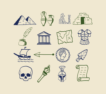Ancient History Hand Drawn Doodle Set &ndash; Historical Landmarks, Greek Roman Artifacts And Archaeology Vector Illustration