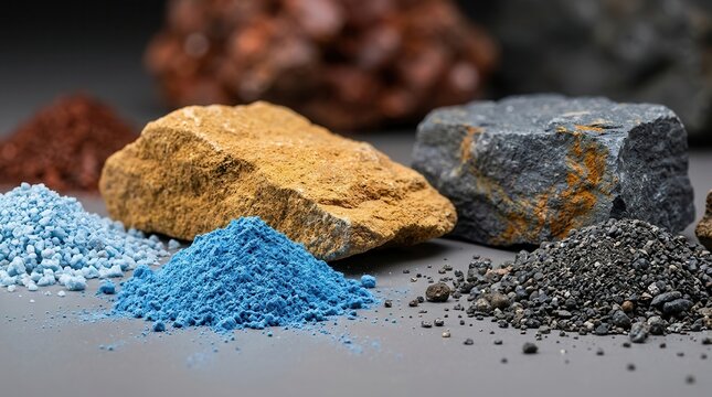 Industrial importance of diverse rare earth minerals and extracted mineral piles.