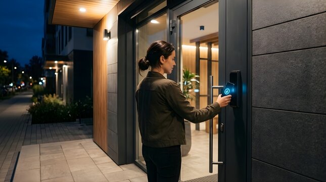 Woman unlocking modern apartment building door with smartphone at night