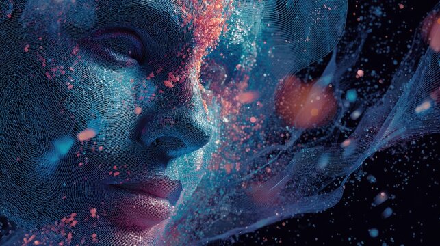 Abstract wireframe face dissolving into digital particles
