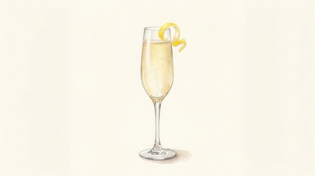 A detailed watercolor illustration of a French 75 cocktail with lemon twist on a light background.