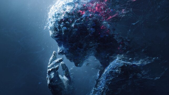 Dissolving human head silhouette made of digital particles