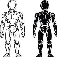 Fototapeta premium Black and white outline icons of a standing futuristic robot character