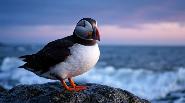 Charming Atlantic Puffin, Majestic Seabird, Stands Proudly by Ocean, Wildlife Animal Natures Beauty Coast, Peaceful Moment Dusk, Waves Gently Crashing, Curious Puffin, Vibrant Beak, Striking Plumage