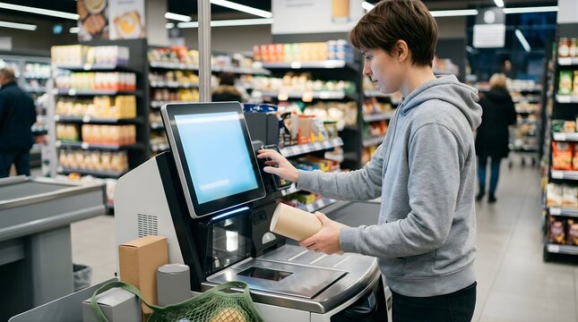 Young woman using self-checkout terminal in supermarket grocery store