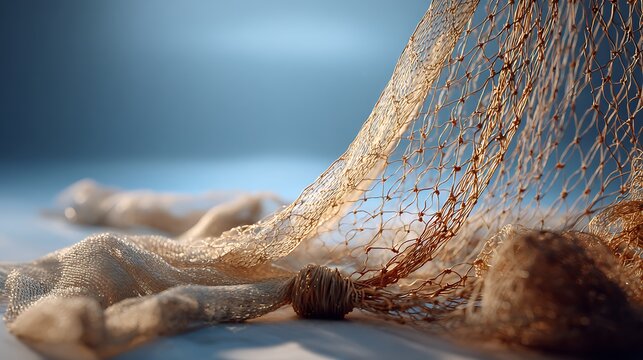 Close up view of a textured fishing net with woven balls against a soft blue blurred background