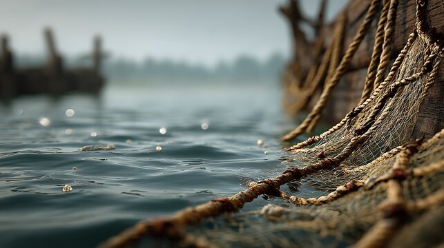 Fishing net and ropes on wooden boat hull in wavy water with distant fog