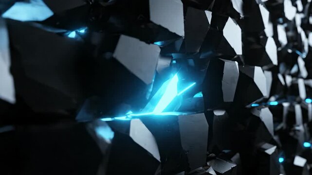 Abstract background crack blue light energy futuristic mystery technology dark Fractured geometric crystalline structures with glowing accents, evoking wonder, advancement, and profound mystery