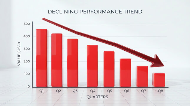 A business bar chart showing a downward trend with a red arrow indicating financial loss and economic decline
