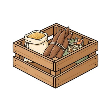 Isometric wooden crate filled with cassava roots and a sack of grain