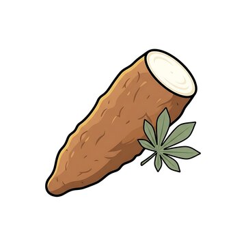 Vector illustration of a raw cassava root with a green leaf