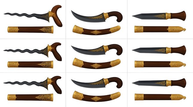 Grid of traditional Indonesian weapons featuring keris rencong designs intricate golden detailing handles blade guards scabbards
