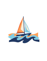 Fototapeta premium Minimalist Sailing Boat Illustration on Stylized Ocean Waves for Modern Nautical Design and Summer Vacation Travel Marketing Materials Isolated on White