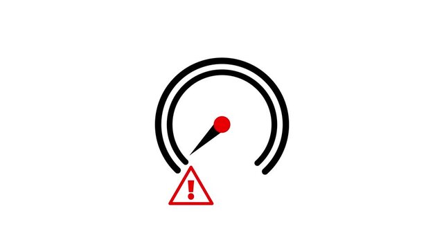 Speedometer gauge topped with a small warning triangle needle represents risk level danger assessment or important caution measurement meter animation.Speedometer icon showing warning triangle