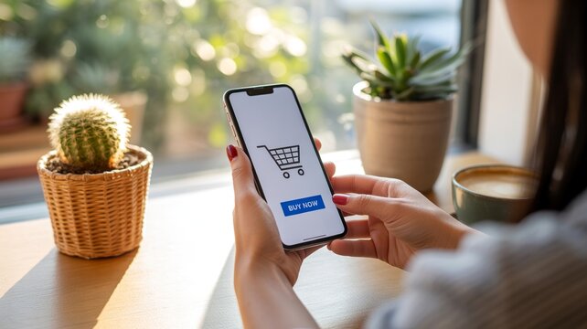 Person holding smartphone with buy now button and cart symbol for online retail shopping.