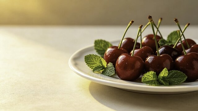 Sweet cherries and mint leaves arranged on white serving pla