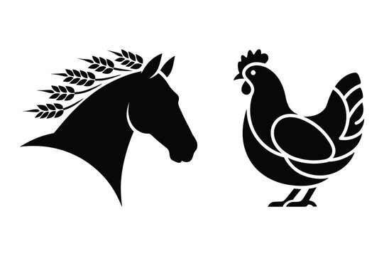 Collection of icons showing horse head with wheat and chicken poultry