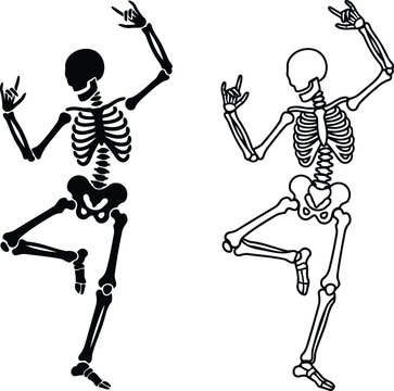 Funny dancing skeleton character making rock and roll hand sign in black and white style