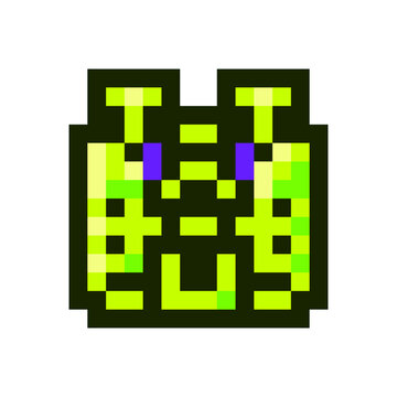 Vibrant green pixel art alien face icon for retro games design