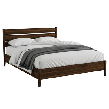 Modern wooden double bed with white bedding and grey blanket isolated on white isolated on transparent background
