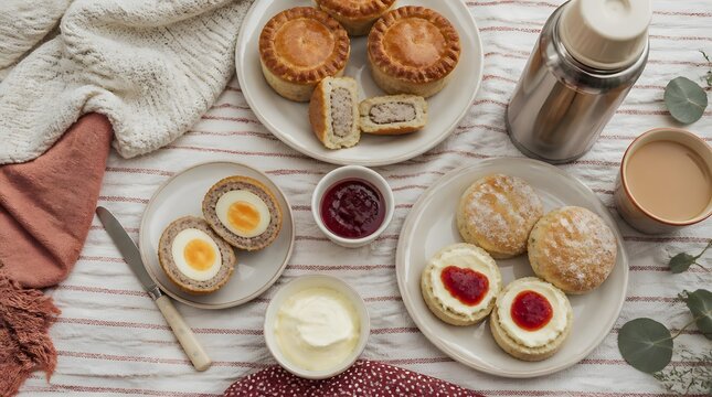 Cozy rustic picnic setup traditional British snacks mince pies Scottish beef rolls biscuits jam clotted cream tea thermos butter jam whipped crea