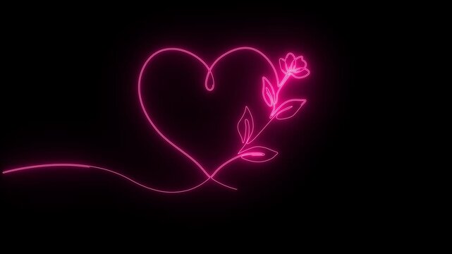 Glowing pink neon line art animation of a flower branch growing inside a heart shape