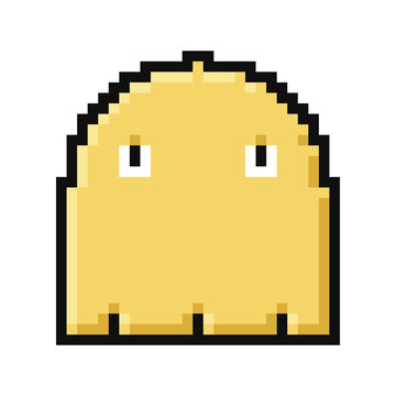 Yellow pixel art retro game ghost character icon on white background