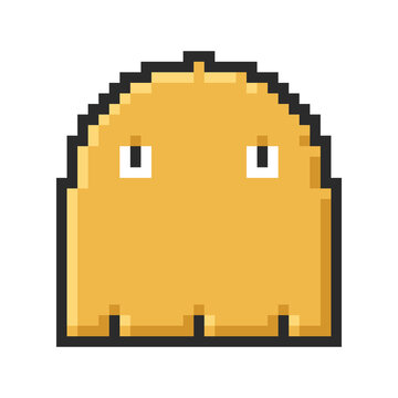 Yellow pixel art retro game ghost icon isolated on white background