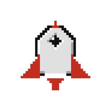 Retro pixel art rocket ship icon for space exploration and startup launch