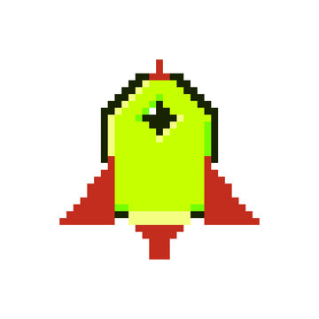 Green pixel art rocket ship icon symbolizing retro space gaming technology