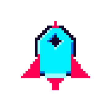 Colorful pixel art rocket ship ready for space
