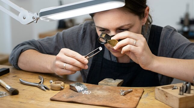 Female jeweler using a magnifying loupe to inspect diamond in workshop