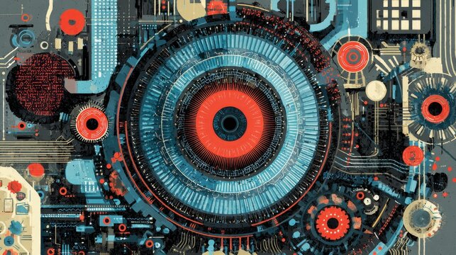 Abstract digital circuit board with circular red
