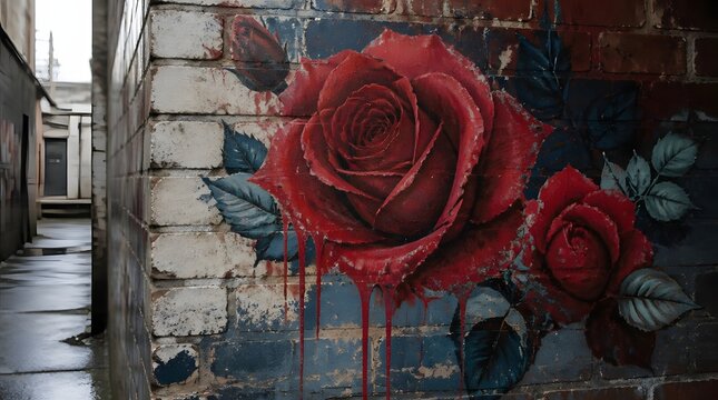 Spray painted mural of vibrant roses on urban brick wall dynamic dripping effect
