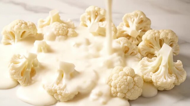 Creamy sauce pouring over fresh cauliflower florets while preparing a healthy vegetable dish