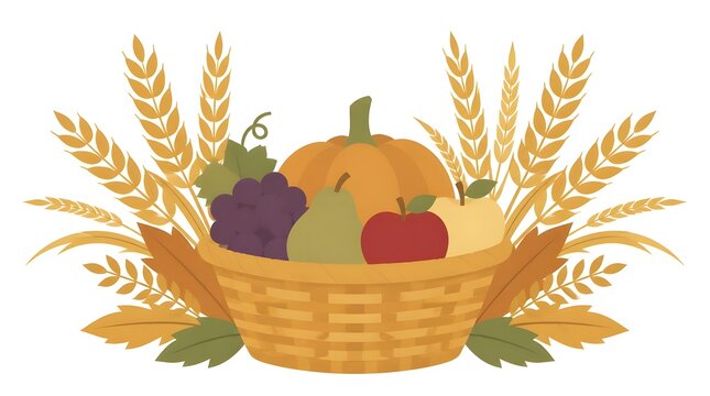 Woven basket filled fruits vegetables golden wheat harvest rural outdoor setting natural