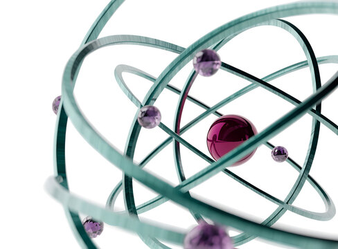 Abstract science structure atom model with orbiting electrons and nucleus on white background