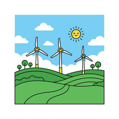 Fototapeta premium Vector illustration of wind turbines on green hills with sun and clouds for renewable energy