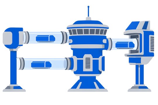 Futuristic Hyperloop Vacuum Tube Transport System Vector Illustration with Passenger Pods, Central Station Tower, and Elevated Support Pillars for High Speed Transit and Smart City Concept