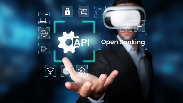 Man in Virtual Reality Goggles Interacts with Open Banking API Concept Illustrating Technology Integration and Financial Innovation in Digital Era Gluon.