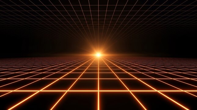 Glowing orange neon wireframe grid landscape perspective with a bright shining light source at the distant horizon point creating a retro digital cyberspace and virtual reality aesthetic