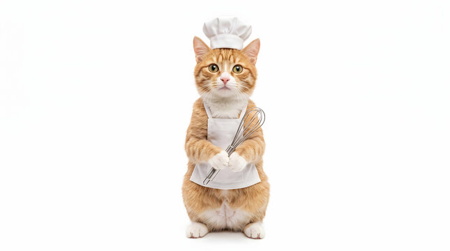 Cute orange tabby cat chef wearing hat and apron holding whisk isolated on white background