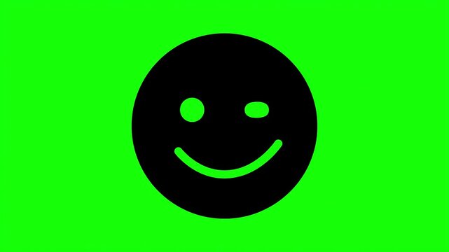 Minimalist winking smiley face icon, black animated emoji on green screen background, playful facial expression for video editing