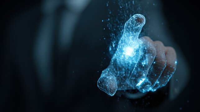 A glowing digital hand reaching forward in a dark space