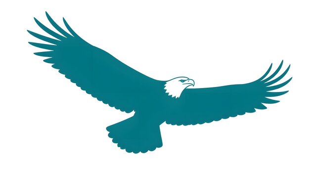 Teal Silhouette Eagle Soaring Spread Wings Mid Flight Plain White Background Graphic Design Vector Illustration