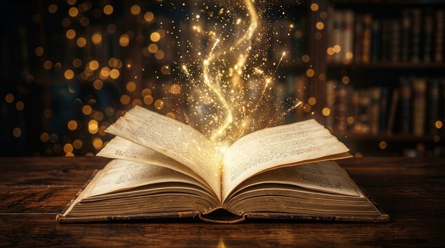 Enchanted open antique book with glowing magic lights and glittered blurred overlay.