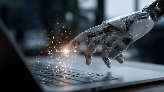Robotic hand touching laptop keyboard with digital light effects