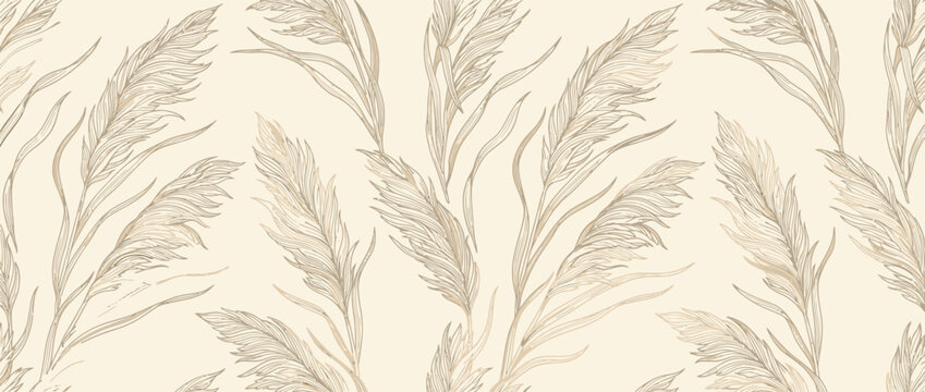 Boho Pampas Grass seamless pattern, watercolor botanical illustration, beige background