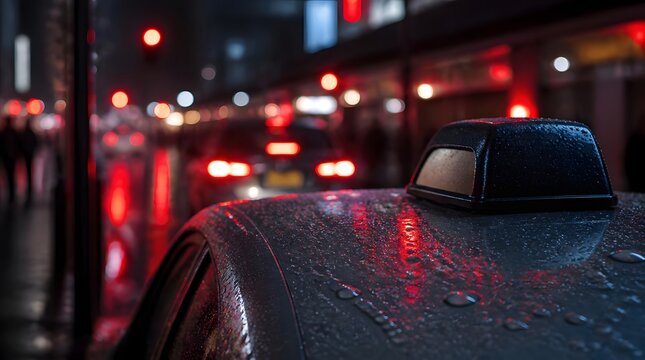 Taxi traffic lights rain drops urban street night illuminated wet reflective