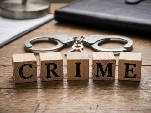 Crime And Punishment Symbolized By Handcuffs And Wooden Blocks On Desk